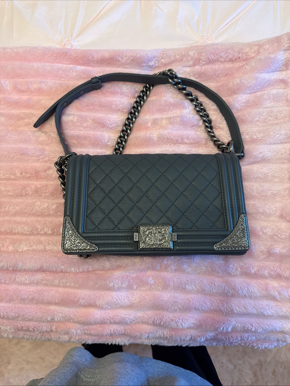 CHANEL Black Quilted Leather Boy Bag. Crossbody with Ornate Silver-Tone Hardware